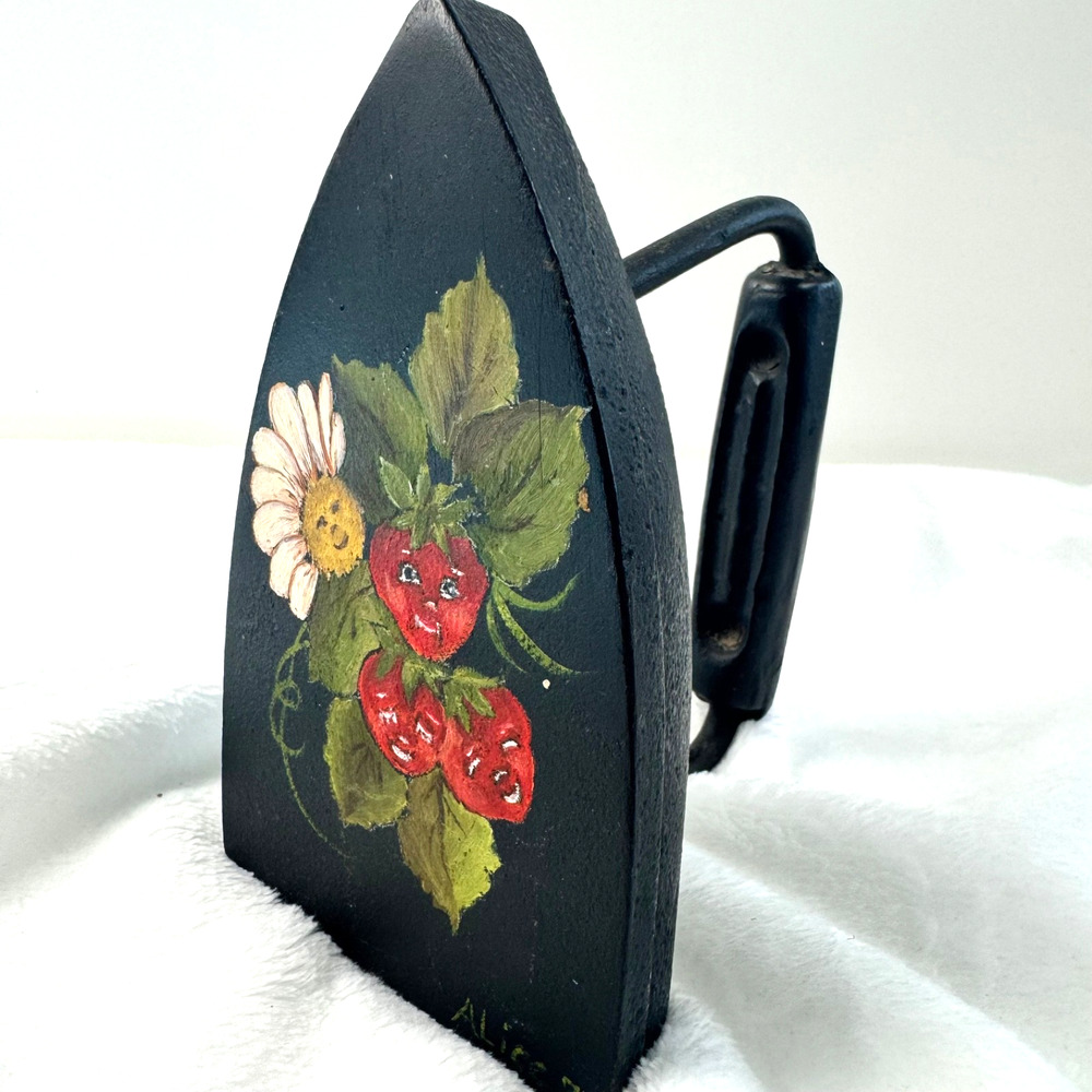 Antique Cast Iron Sad Iron Hand Painted Strawberry Folk Art Alice 70 Grandmacore